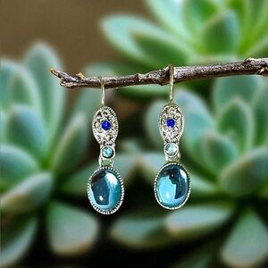 Vintage Avon light blue glass & silver filigree pierced earrings, signed back 🩵🩶